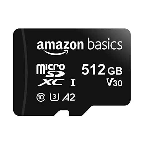 Amazon Basics Carte Mémoire microSDXC avec Adaptateur Grande Taille, A2, U3, Vitesse de Lecture Jusqu’à 100Mbit/s, 512Go, Noir