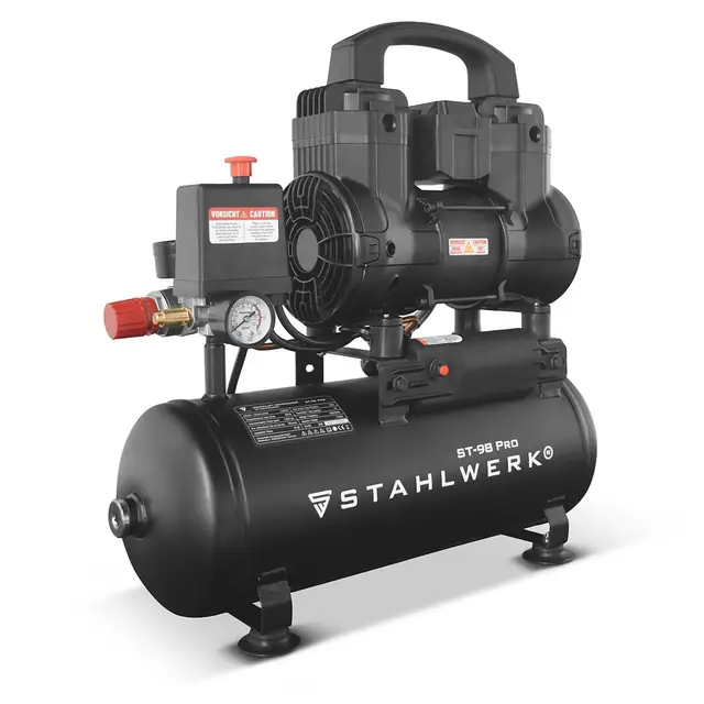 STAHLWERK Compresseur avec cuve 9 L (ST-98 Pro) – sans huile & silencieux, 8 bar, 1,22 CV, 0,90 kW, 170 l/min, 65 dB, compresseur d'air avec moteurs sans balais, compresseur à pistons silencieux