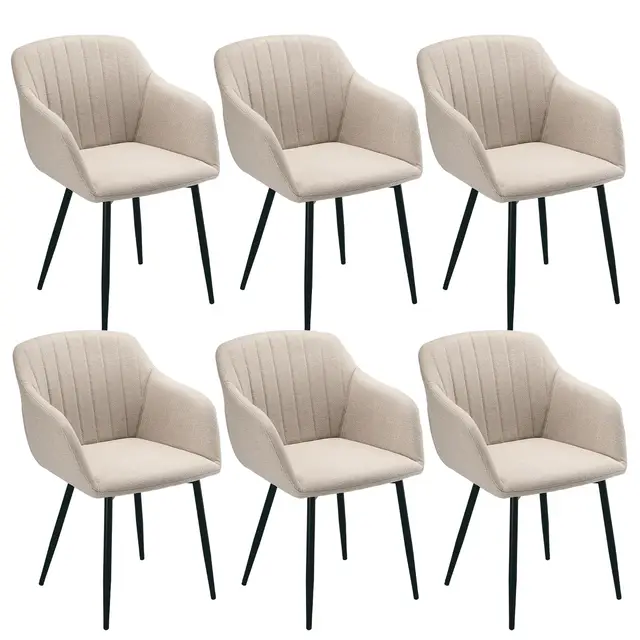 Lot de 6 Chaises Beige Salle à Manger avec Accoudoirs, Chaises Fauteuil rembourrée en Lin avec Pieds en Métal pour Salon Cuisine et Bureau