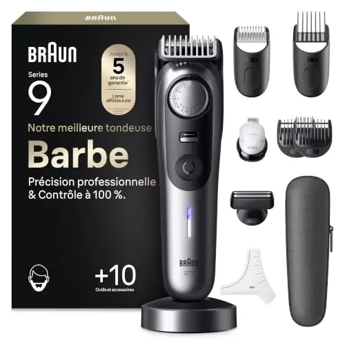 Braun Tondeuse Barbe Homme Series 9 BT9545, Chrome – Etanche, Batterie Rechargeable, Lame ProBlade, 52 Longueurs, Coffret avec +11 Outils de Barbier, Etui de Voyage, Emballage en Carton