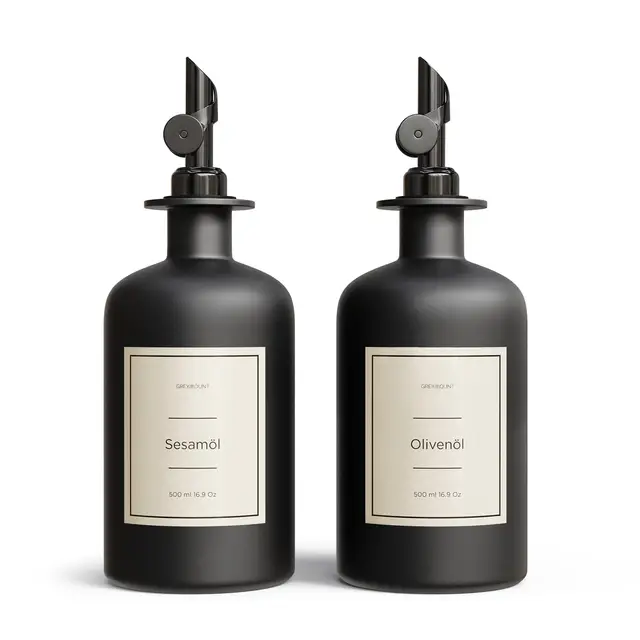 Lot de 2 bouteilles d'huile de vinaigre et d'huile - 500 ml - En verre - Avec bec verseur noir - Pour huile d'olive, vinaigre et plus encore - Parfait pour la cuisine, les salades et le