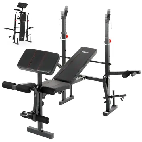 Banc de Musculation Complet Multifonction avec Dossier Réglable, Repose-Jambes et Support de Poids, Banc Musculation Pliable&Inclinable/Bancs Developper Coucher, Bancs de Biceps/de Curl