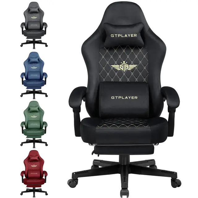 GTPLAYER Fauteuil Gaming Tissu Ergonomique Chaise de Bureau PC, 150 kg, RéGlable et Pivotante avec Coussin D'Assise à Ressorts et Repose-Pieds, Noir