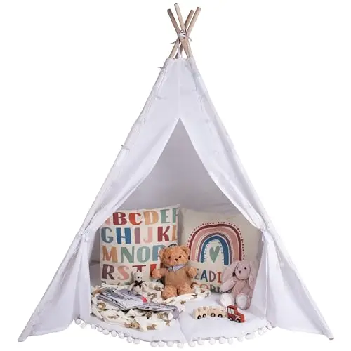 Tente tipi pour enfants en blanc ivoire | Tente de jeu/tente gonflable blanche pour filles et garçons 140 x 120 cm en toile de coton, avec guirlande de 3 mètres de lumières en forme d'étoile et