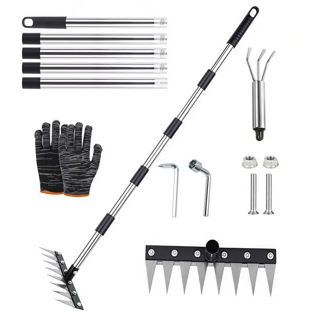 Râteau de Désherbage avec Manche Télescopique 185 cm,8 Dents Rateau Scarificateur en Acier Robuste,Râteau de Désherbage Multifonction en Métal,pour Le Jardin,Le Désherbage,Le Travail du Sol,Le semis