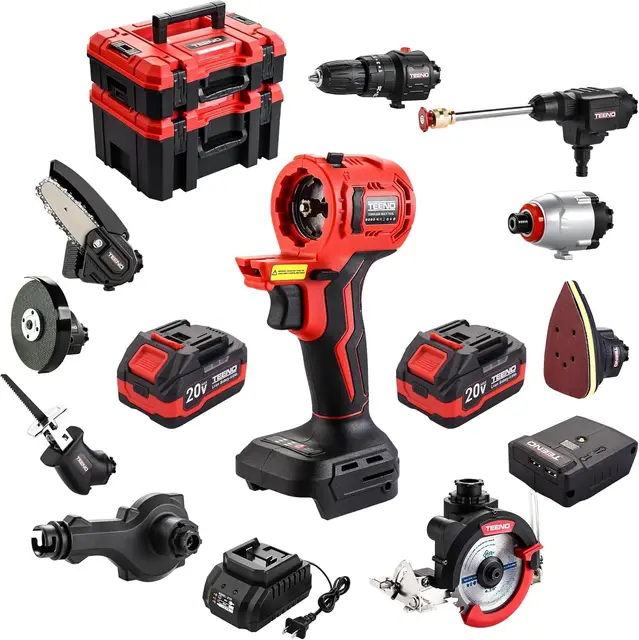 Kit Combiné Sans Fil 20V TEENO, Outil Multi-Fonctionnel Sans fil 11 en 1 Avec étui, Perceuse, Scie Sabre, Scie à Chaîne, Cef à Chocs, Outil Oscillant, Ponceuse Avec Accessoires, 2 * 4.0Ah Batterie