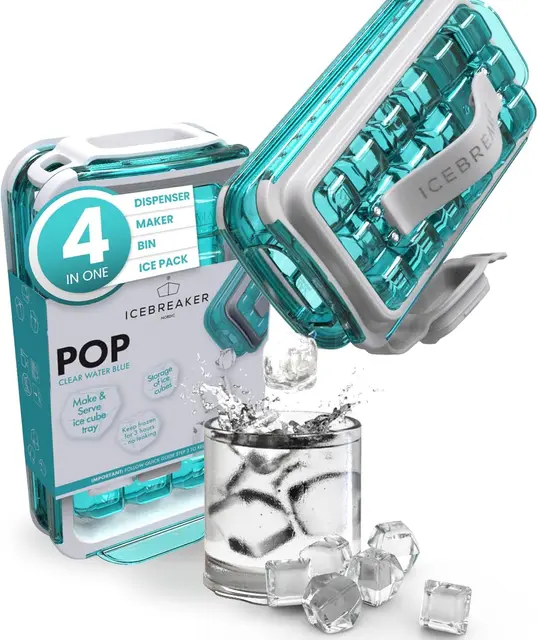 ICEBREAKER POP 2.0 Bac à glaçons – Faites et servez de la glace sans toucher la glace – Le bac à glace hygiénique pour le congélateur – Bac en silicone avec couvercle – Machine à glaçons avec 18