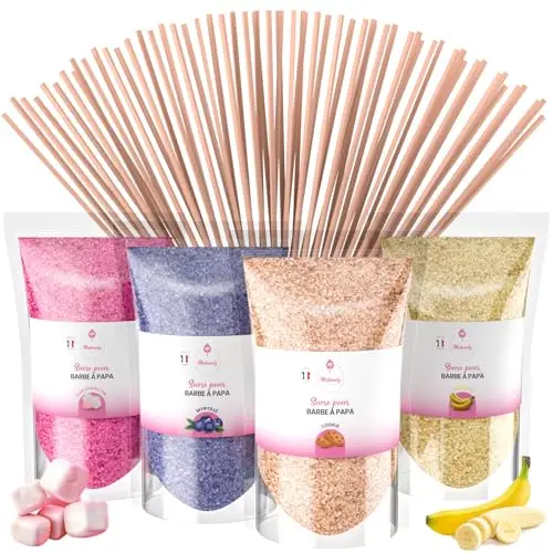 Misskandy®-Sucre Barbe à Papa pour machine - Lot de 4 * 160GR (Marshmallow/Myrtille/Cookie/Banane/poudre barbapapa+ 20 Bâtonnets - MADE IN FRANCE