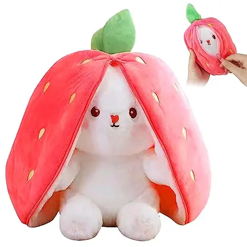 TOGETDREAM Peluche Lapin de Pâques, 25cm Douceur Carottes Fraises Poupée Lapins À Cache-Cache Oreiller en Peluche pour Les Enfants de Plus de 12 Ans (Couleur Rose)