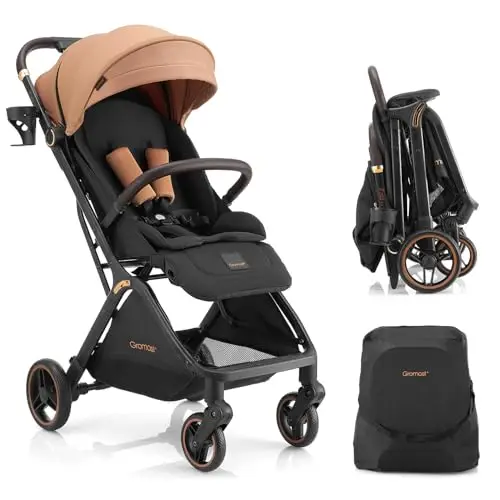 Gromast Gravity Poussette pliable pour bébé, buggy de voyage portable pour tout-petits avec dossier réglable et auvent, léger et protégé contre les UV, se plie automatiquement d'une seule main, kaki
