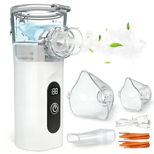 Nebulisateur Portable Silencieux, Nébuliseur pour Adulte et Enfant avec Ecran Digital, Aerosol Inhalateur avec 2 Masques Adulte et Enfant Embout Buccal Recharge USB-C pour la Maison et les Voyages