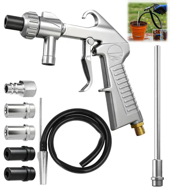 Pistolet sablage sableuse pneumatique, sableuse aerogommage calibre 5 mm/6 mm, convoyeur d'aspiration, tuyau en caoutchouc de 1 m, raccord d'admission d'air, dégraissant et agent de sablage