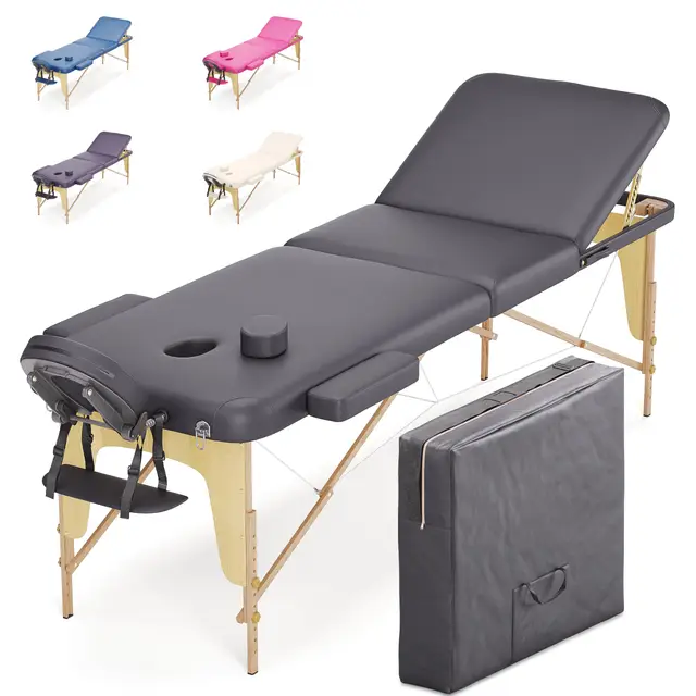 BELTOM® Table de Massage 3 Zones Classique Portables 180 x 56 cm. - ne pèse Que 13,2 kg. et avec Accessoires 15,5 kg. - Cosmetique lit esthetique Pliante Reiki + Sac - Noir