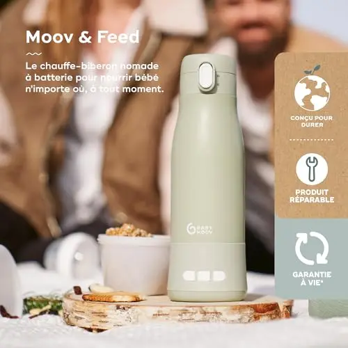 Babymoov Chauffe-Biberon Nomade sans Fil Moov & Feed - Capacité 340ml - Eau ou Lait Maternel - Température réglable - Maintien au Chaud (jusqu'à 7h) - Recharge USB - Garantie à Vie - Vert Sauge