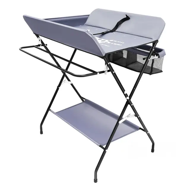 Table à langer pliable pour bébé - Hauteur réglable - Avec tiges suspendues - Sac de rangement - Étagère ouverte et roues verrouillables - Gris foncé