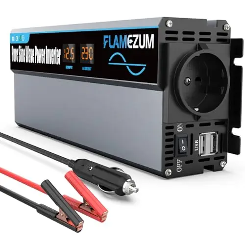 1000 W/2000 W Convertisseur de Tension 12 V à 230 V Onduleur Sinus Pur Auto Power Inverter Convertisseur avec 1 Prise EU et 2 chargeurs USB pour Voiture, Caravane, Camion