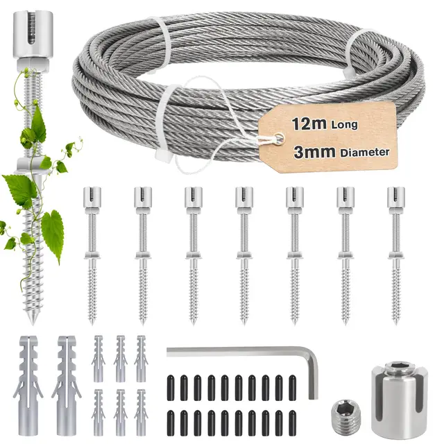 Tuteur pour Plantes Grimpantes en Acier Inoxydable, 12 m de Long (Câble en Acier de 3 mm) et 8 Supports Pour Plantes Grimpantes Telles Gue Les Roses, Les Vignes et Les Tomates, Kit D'aide à L'escalade