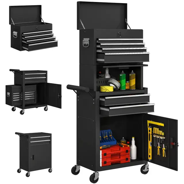 HOMCOM Servante d'atelier en acier verrouillable, chariot à outils sur roulettes 3 en 1 avec 6 tiroirs, placard et panneau perforé, tapis EVA, caisse à outils pour atelier, garage, noir