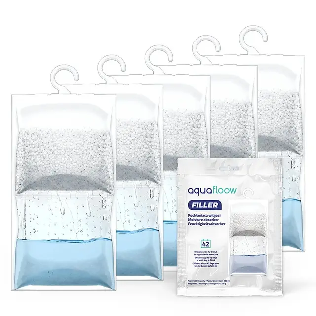 AquaFloow 5x210G Déshumidificateur suspendu, Absorbeur d'humidité pour placard, Déshumidificateur suspendu Anti-humidité, Sac déshydratant résistant à l'humidité