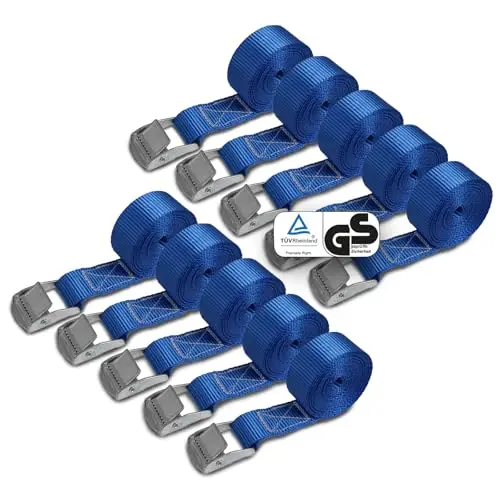 Sangle à Griffe Sangle d'arrimage Sangle de Fixation - Bleu - 1m 2,5m 4m 6m - Charge maximale 250 kg DIN en 12195-2, 10 pièces 2.5 cm x 2.5 m
