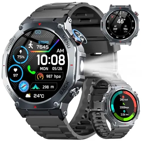 Montre Connectée Homme GPS, 1.43"AMOLED HD Smartwatch Appel Bluetooth, Montre Sport Fréquence Cardiaque Sommeil SpO2 Podometre, Smart Watch 5ATM Étanche, 160+Modes Compass Android IOS, Torche LED Noir