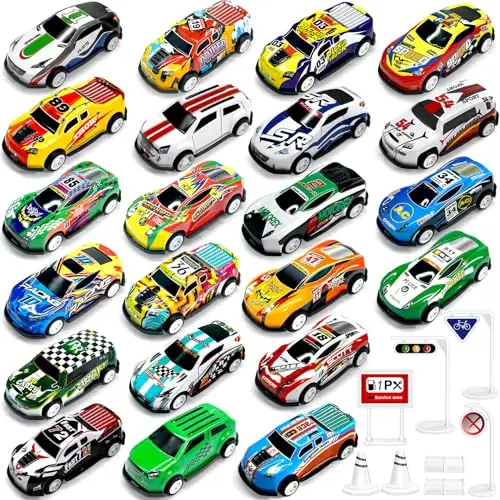 Coffret Petite Voiture Enfant, Lot Voiture Miniature en Metal 1/64, 22 Petites Voitures Jouets avec 8 Barrage Routier, Voitire à Friction, Mini Cars, Véhicules pour Enfants 3 4 5 6 7 8 Ans