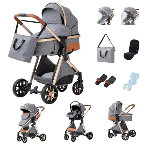 GLOKID Poussettes 3 en 1 Citadines Poussettes Combinées Pliable Poussette Tricycle Baby Walker Poussette Haute Paysage Poussettes Pliantes Trolley Bébé Landau pour 0-36 (LV9 Gris)…