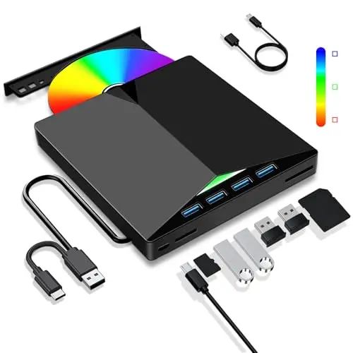 Lecteur CD/DVD Externe pour PC, USB 3.0 Mince Portable Graveur Enregistreur RW/ROM Drive CD/DVD Player Transmission Rapide Câble USB Intégrée pour Windows 7/8/10/11,Vista,Linux,Laptop,Desktop