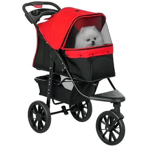 PawHut Poussette pour Chien Pliable 3 Roues Tout-Terrain 25kg - Grande Roue 12" Antichoc et Légère - Chariot Animaux avec Ouverture Arrière pour Petit Chien et Chiens Âgés de Moins de 10kg, Rouge