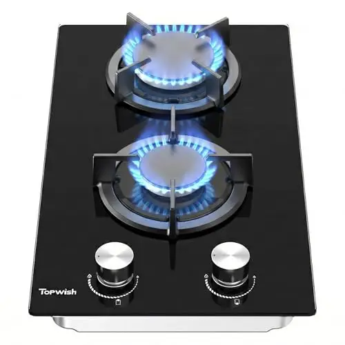 TOPWISH plaque de cuisson gaz 2 feux, plaque gaz 2 feux encastrable, table de cuisson 30cm, NG/LPG décapotable, protection d'extinction, allumage automatique, 4750 Watt