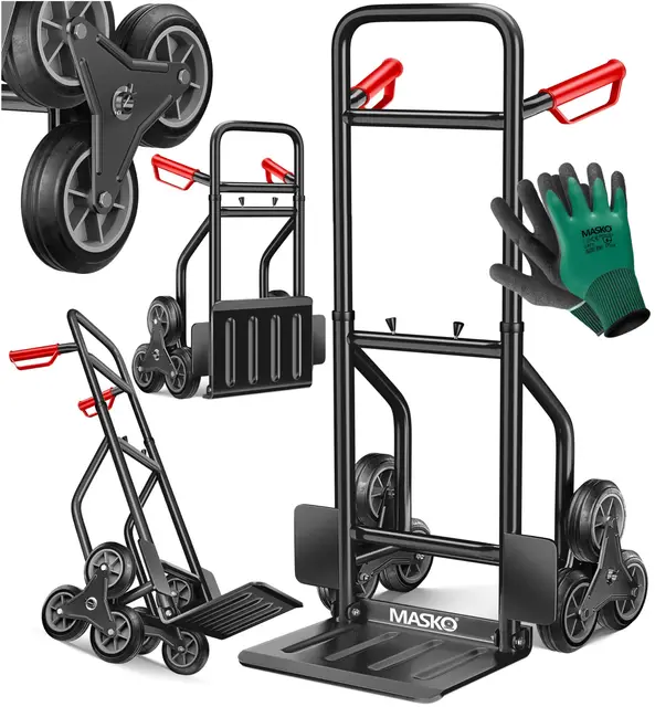 MASKO® Diable pour escaliers Diable 200kg, Pliable escaliers Pneus en Caoutchouc Dur | Poignées en Plastique | Cadre en Acier - Noir