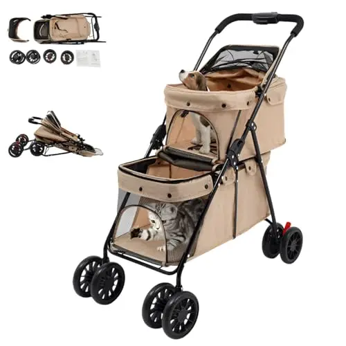 Poussette 2 en 1 pour chien à 2 étages, fonction pliable, avec ceintures de sécurité, roues EVA pivotantes à 360°, capacité de charge 15 à 20 kg, convient aux chiens et chats de petite à moyenne