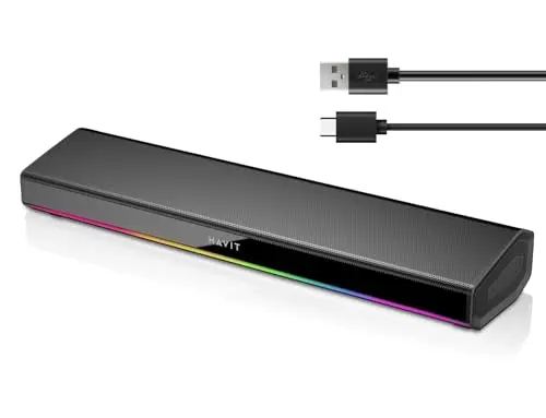 havit Haut-parleur d'ordinateur pour ordinateur de bureau, barre de son Bluetooth 5.3 PC avec lumière LED dynamique, stéréo Hi-Fi, haut-parleur Bluetooth portable, haut-parleur de jeu pour PC