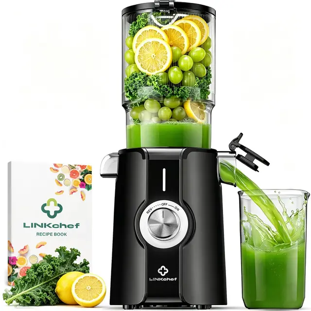 LINKChef extracteur de jus de fruits et légumes,115mm Grande Bouche, 200W extracteur de jus machine compact, Slow Juicer Vertical Facile à installer, Sans BPA, avec 2 Verres, Noir