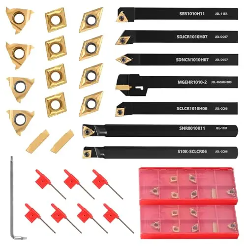 28 Pièces 8mm Outils de Tournage, Outil Tour à Métaux avec 7 Barres à Aléser, 14 Inserts en Carbure et 7 Clés, Adapté au Tournage, à La Rainurage, au Filetage et à l'alésage sur Mini Tours Metaux