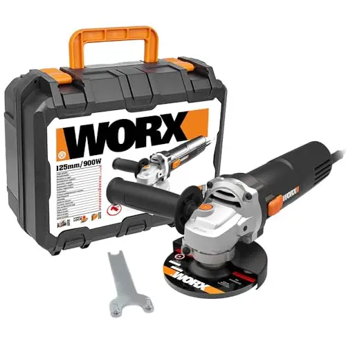 WORX Meuleuse d'angle filaire 900W WX718, disque de 125 mm, puissante avec 12000 tr/min, livrée avec une poignée auxiliaire anti-vibrations, capot de proection, disque de meulage en métal