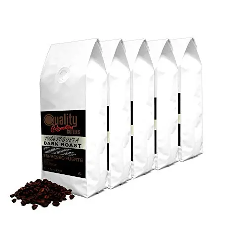 Quality Roasters Coffees. Grains de café naturels "Espresso Fuerte". Rôti noir. 100% Robusta. Pack de 5 Kg. Rôti à la main. Dark Roast. 5 x 1 Kg
