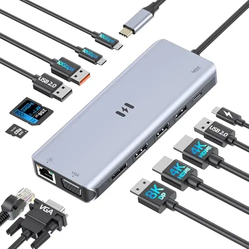 Station d'accueil USB C pour 4 écrans, 13 en 1 Docking Station pour Ordinateur Portable 3 Monitors avec Double HDMI,DP 8K,VGA,10Gbps USB A/C, Charge PD, Multiport Hub USB C pour Windows/macOS Laptop