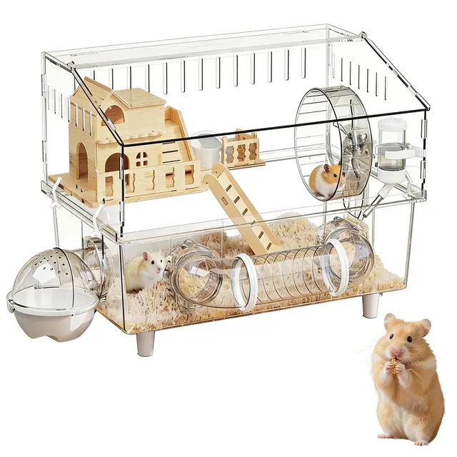 Hamsterkäfig - 45cm Nagerkäfig Transparent | Acryl & Holz Kleintiergehege, 2-stöckiges Luxus Hamsterhaus Mit Zubehör Für Hamster Meerschweinchen Chinchilla, Großes Gehege Für Innen Und Reise