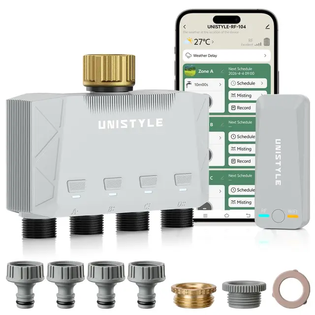 Unistyle Programmateur Arrosage Connecté WiFi 4 Voies | Nouvelle édition 2026 – Contrôle Via Application, 5 Programmes d'Arrosage, Contrôle Précis, Convient à l'Arrosage Automatique des Jardins