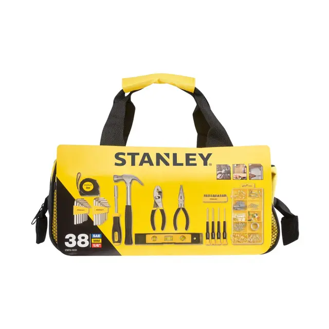 STANLEY Set d'Outils Mixtes 38 Pièces avec Sac de Rangement - Comprend Marteau, Pinces, Tournevis, Clés Allen, Mètre Ruban, Niveau & Quincaillerie – Durable, Portable, Performance Fiable - STMT0-74101