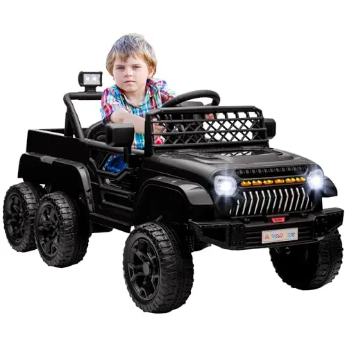 AIYAPLAY Voiture électrique enfant, buggy électrique enfant 6 roues modes 4x4 et 2x2, télécommande 2,4G, 2 moteurs 12 V, 3 vitesses, remorque arrière, musique, klaxon lumières LED, 122x62,5x65cm, noir