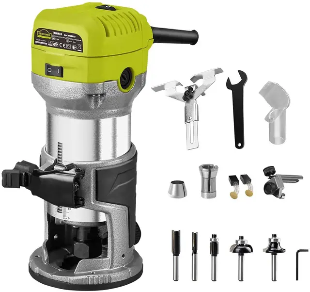 DEWINNER à Bois Défonceuse affleureuse électrique 710W 13000-33000RPM, 6 Vitesses Variables, 3 Pinces de 1/4" 6mm &8mm, profession plastifieuse avec Accessoires