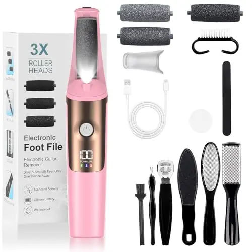PKBD Rapeuse Pieds Electrique avec 3 Rouleaux de Remplacement Ponceuse Pied Pedicure Râpe Pied,Imperméable Rechargeable 2 Vitesses Foot File,Ultra Longue Durée de Vie de la Batterie,Poudre