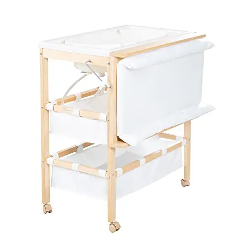 roba Table à Langer avec Baignoire 2en1 Baby Pool + Matelas Imperméable sur Plan à Langer Pivotant + 2 Compartiments - Bain Bébé dès la Naissance - Bois Naturel