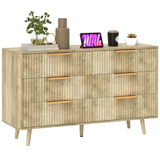 HOMCOM Commode 6 tiroirs Meuble de Rangement Style scandinave avec poignées et Pieds de pin, Bois Effet cannelé, Commode Chambre à Coucher, Salon, Couloir - 120 x 40 x 76 cm, chêne