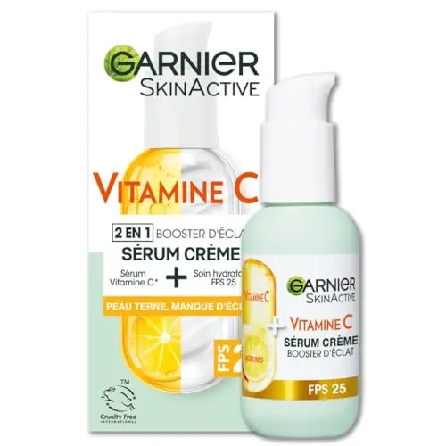 GARNIER Skin Active - Sérum Crème Booster D'Éclat 2-En-1 - Hydratation 72h & Éclat - FPS 25 - Vitamine C & Agrumes - Vegan & Cruelty Free - Peaux Ternes En Manque D'Éclat - 50 ml