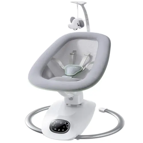 Momcozy CocoSway balancelle bebe electrique 3D-Motion pour nourrissons et tout-petits, 6 modes, 4 vitesses, siège pivotant 180°, télécommande, transats et balançoires, 5 harnais, 8 berceuses, gris