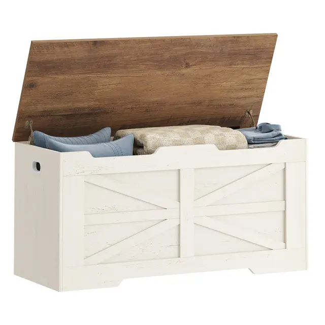 Hzuaneri Banc de Rangement, Coffre pour Couvertures, à Chaussures, 100 cm Coffre de Rangement avec 2 Charnières Stables, Banc À Chaussures pour L'entrée, La Chambre,Le Salon, Blanc Marron SB03414X