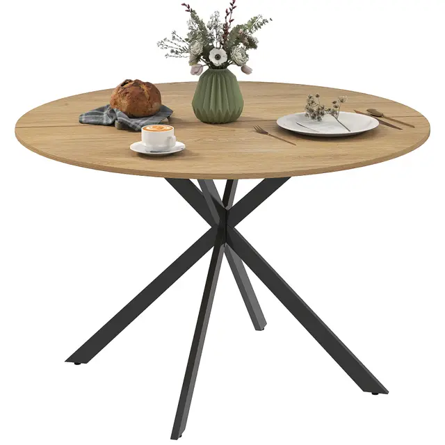 HOMCOM Table à Manger Ronde pour 4 Personnes Table de Cuisine 120 cm Style Industriel avec Plateau Aspect Bois et piètement croisé en Acier, chêne